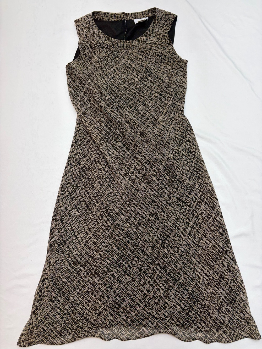 Ann Taylor LOFT Black Beige Abstract Grid Sleeveless Lined Dress Office Size 0
